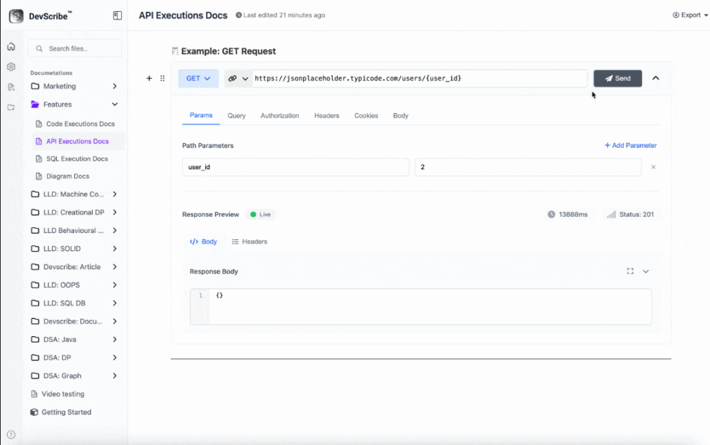 Editable request body, Send button, actual response with generated ID and timestamp